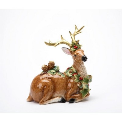 Ceramic Reindeer Figurine with Golden Antlers and Pine Cones