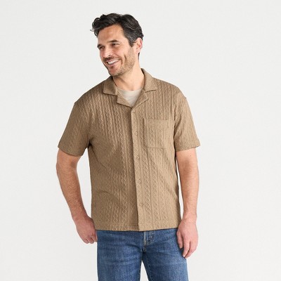 Lands' End Men's Short Sleeve Textured Cable Camp Collar Button Through Shirt