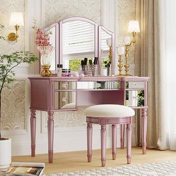 43in Yami Bedroom Vanity Table Makeup Dresser Desk with Mirrored Drawers and Stool-Maison Boucle