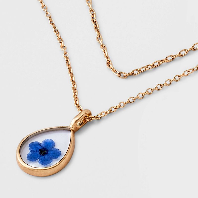 Bella Uno Bellissima Silver Plated Pressed Flower Blue &#34;Forget me not&#34; Teardrop Multi-Strand Necklace - Blue, 4 of 5