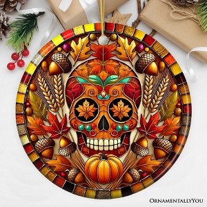 Autumn Harvest Sugar Skull Ornament, Vibrant Fall Foliage Christmas Gift and Decor| OrnamentallyYou - 1 of 4