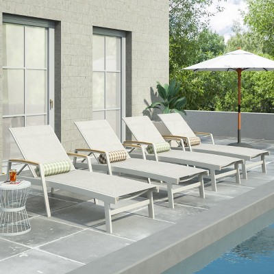 White Aluminum and Mesh Adjustable Outdoor Chaise Lounge Set with Arms