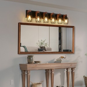 38" Industrial Vintage 6-Light Wall Sconce -Black Cage Wall Lighting Fixture with Wooden Accents for Bathroom,Hallway,Living Room (Bulb Not Included) - 1 of 4