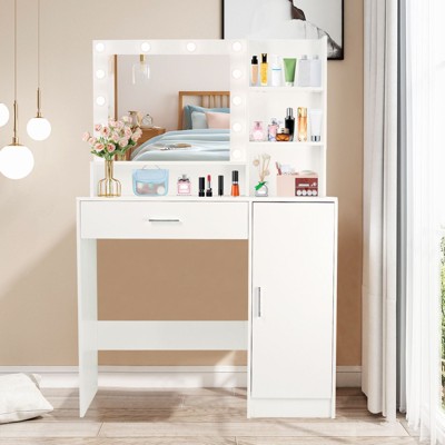 PAGED Vanity Desk with Mirror and Lights Dressing Table with Drawer, Storage Cabinet, 3 Adjustable Lighting Colors for Bedroom