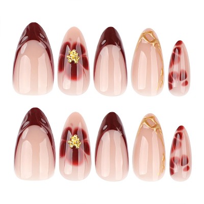 LOVELAY CREATIONS Red Medium Almond French Tip Press-On Nails with Gold Stripe