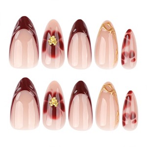LOVELAY CREATIONS Red Medium Almond French Tip Press-On Nails with Gold Stripe - 1 of 4