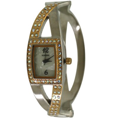 OLIVIA PRATT RHINESTONES AND PEARL TONE BANGLE WATCH