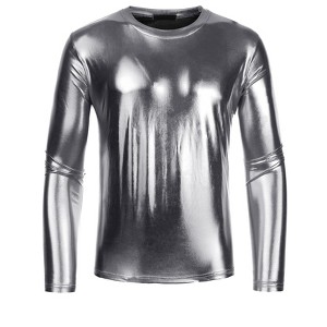 INSPIRE CHIC Men's Round Neck Long Sleeves Shining Disco Metallic T-Shirt - 1 of 4