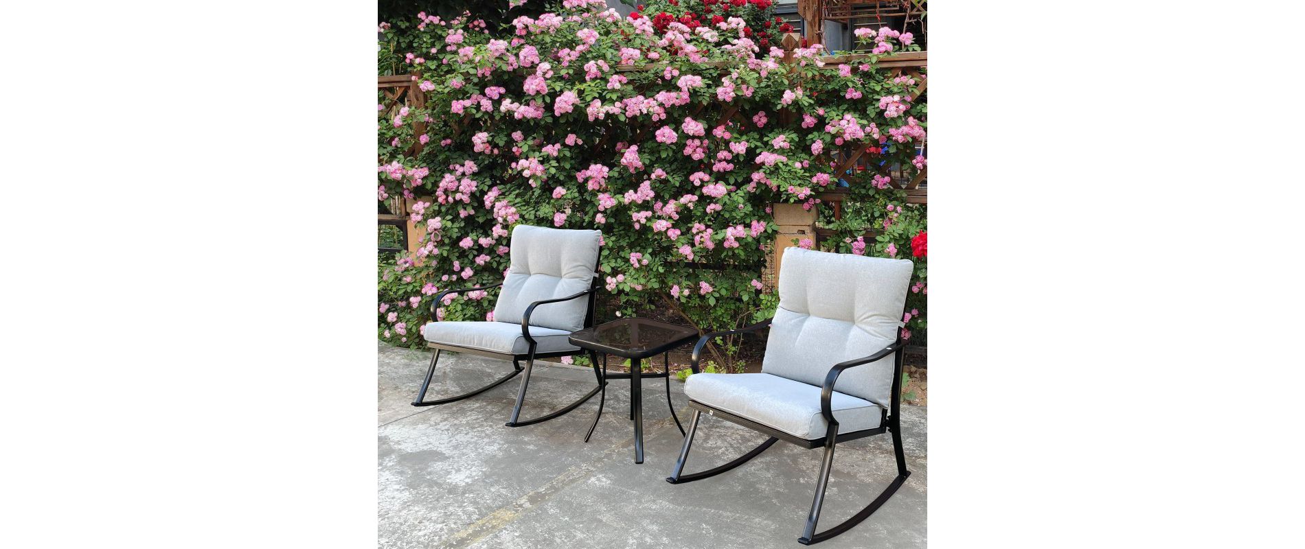 Modern Accent 2 Seater Rocker Teapoy Set Of 3, Upholstered Rocker Armchair, Patio Furniture Porch Chairs, Soft Cushions Rocker,white