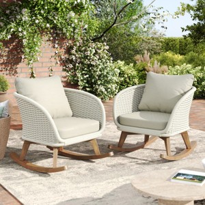 Contemporary Minimalist Set of 2 Wicker Rocking Chairs with Soft Cushions,Durable Wooden Frame for Indoor and Outdoor Spaces – The Pop Home - 1 of 4