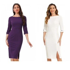 INSPIRE CHIC Women's Elegant Boat Neck 3/4 Sleeves Work Midi Split Sheath Dress 2 Packs - 1 of 4