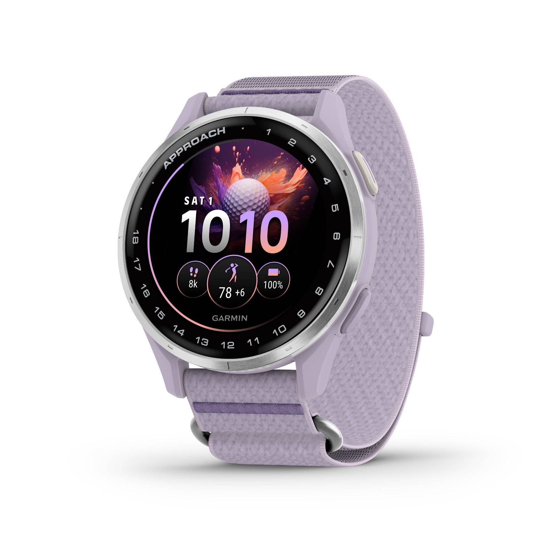 Garmin Approach J1 Smartwatch Silver Aluminum Bezel with Lilac ComfortFit Fabric Band