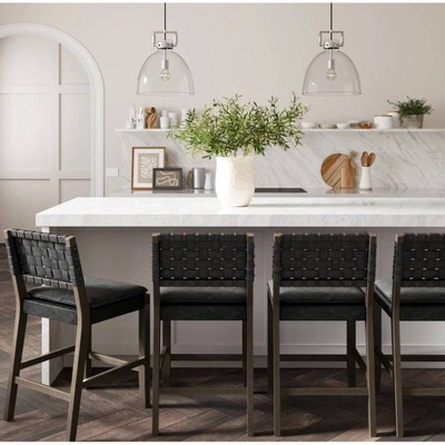 Cohen Black Faux Leather Saddle Bar Stools with Wood Frame, Set of 4