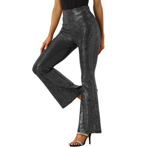 Allegra K Women's Sparkle Sequin Stretch High Waist Shiny Flare Bottoms  Pants Silver Black Small