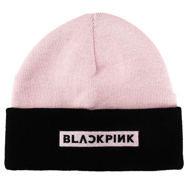 Blackpink Embroidered Logo Pink and Black Cuffed Knitted Beanie hat, 1 of 3