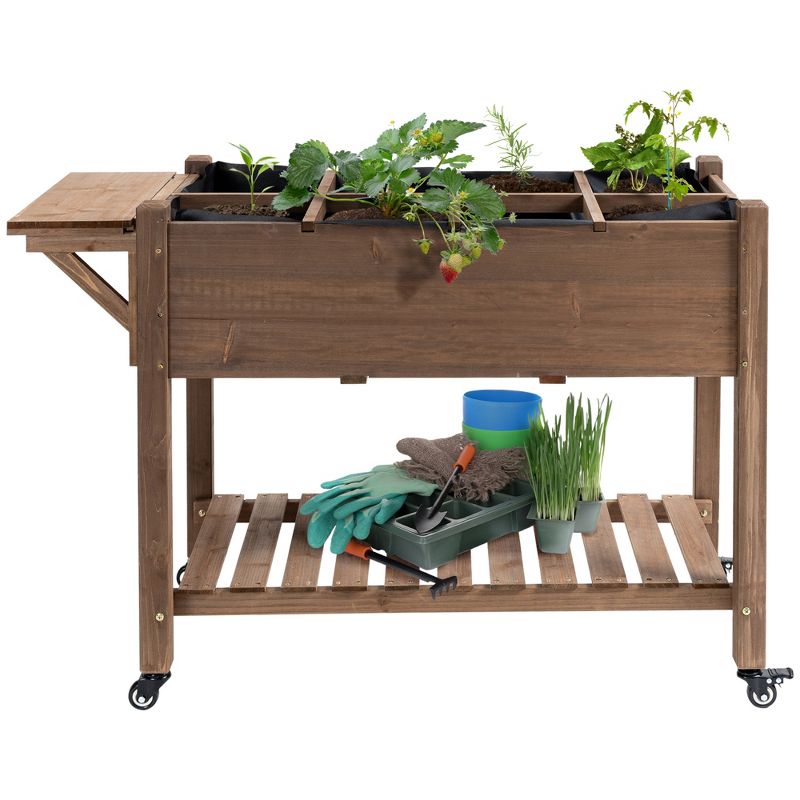 Outsunny 49'' x 21'' x 34'' Raised Garden Bed w/ 8 Grow Grids, Outdoor Wood Plant Box Stand w/ Storage Shelf and Lockable Wheels for Vegetable Flower, 4 of 7