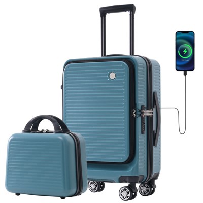 20 Inch Carry-on Luggage, Front Open Lightweight Suitcase with Front Pocket, USB Port, and 1 Portable Carrying Case 4A, Blue -ModernLuxe