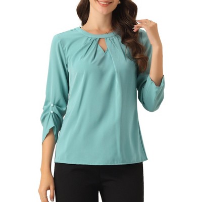 INSPIRE CHIC Women's Work Office Keyhole Pleated Front Ruched 3/4 Sleeve Chiffon Blouse