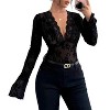 Women's Slim Long Sleeve Shirt Sheer Flora Elegant Blouse Deep V Lace Trim Casual Top - 4 of 4