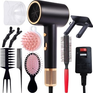 Morfone Black 10-piece hammer style hair dryer, with adjustable hot and cold air. A hair styling set with comb hair clips and a fan-shaped nozzle. - 1 of 4
