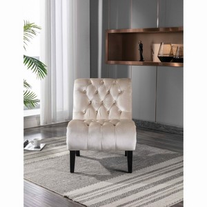 MAYEERTY Velvet Armless Accent Chair, Fabric Button Wooden Legs, Living Room Office, Beige Velvet - 1 of 4