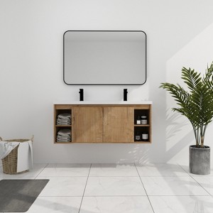 GDFStudio Wendell 48" Wall Mounted Bathroom Vanity with Dual Resin Sinks and Shelves - 1 of 4