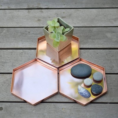 Hexagonal Copper-Plated Stainless Steel Decorative Trays, Set of 3