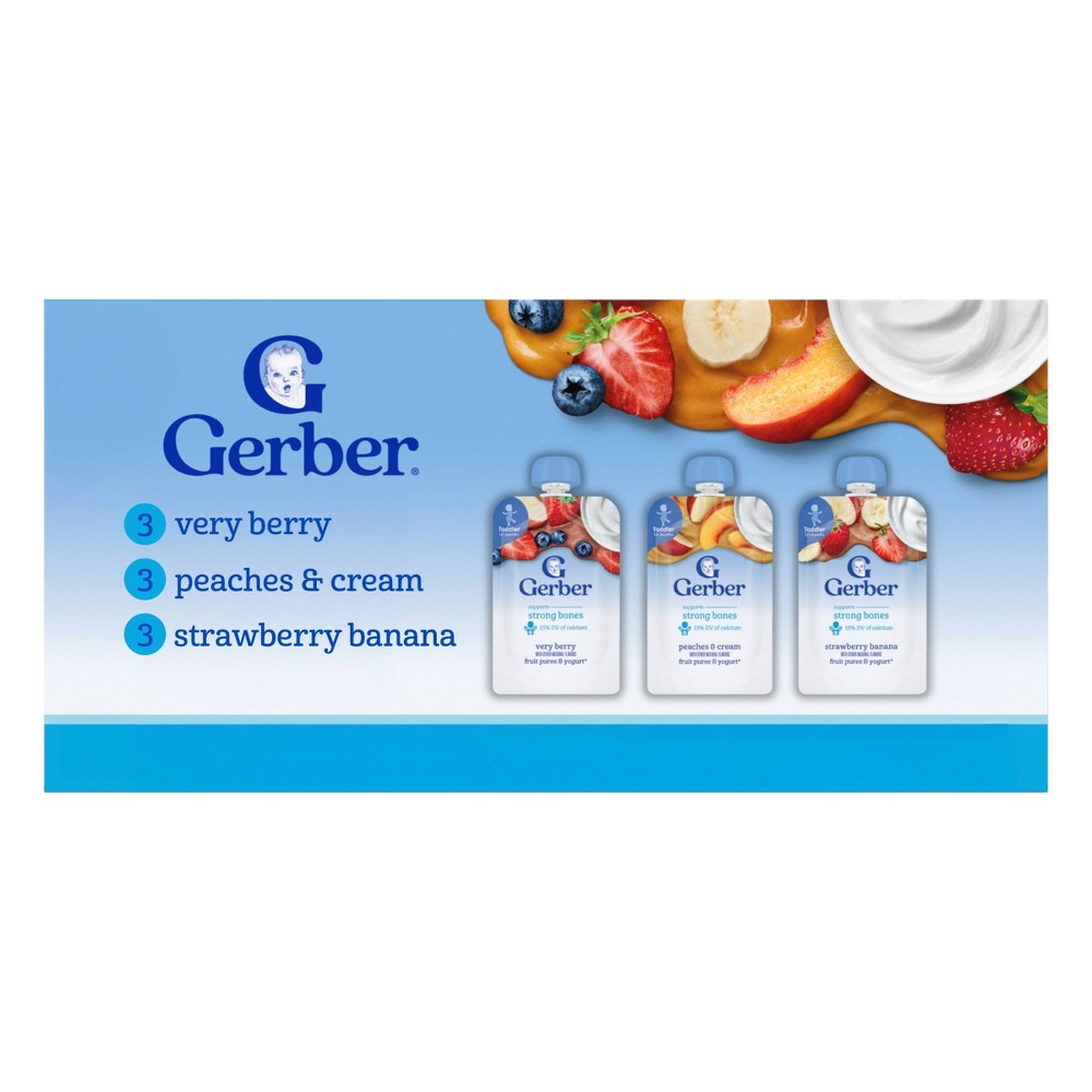 Gerber Baby Food Fruit & Yogurt Puree Toddler Food Pouch Variety Pack - 1.96oz/9pk Each: No Artificial Flavors, Non-GMO, Ready to Eat