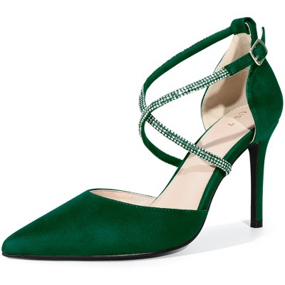 BLISSFUL STEP Women's Pointed Toe Ankle Strap Rhinestone Pumps