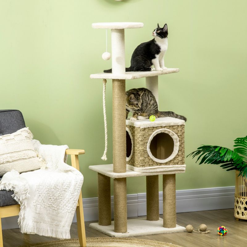 PawHut Modern Cat Tree with Scratching Posts and Rattan Cat House, Small Cat Tower for Indoor Cat Furniture, Beige, 3 of 7