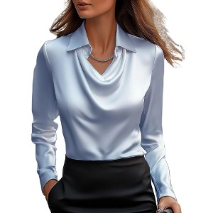 Women's Minimalist Draped Collar Shirt, Elegant Long Sleeve Satin Blouse for Office & Formal Wear - 1 of 3