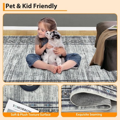 Washable Area Rug Modern Geometric Bordered Rug Low Pile Non Slip Floor Carpet, Soft Non Shedding Thin Rug, Distressed Rug for Bedroom Living Room