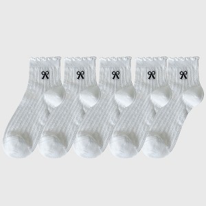 Alilang Women's Summer Ribbed Ankle Socks with Bow Embroidery 5Pk - 1 of 4