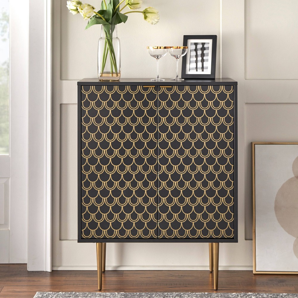 Lifestorey Gabriel Art Deco 2 Door Accent Cabinet with Scalloped Geometric Pattern Black