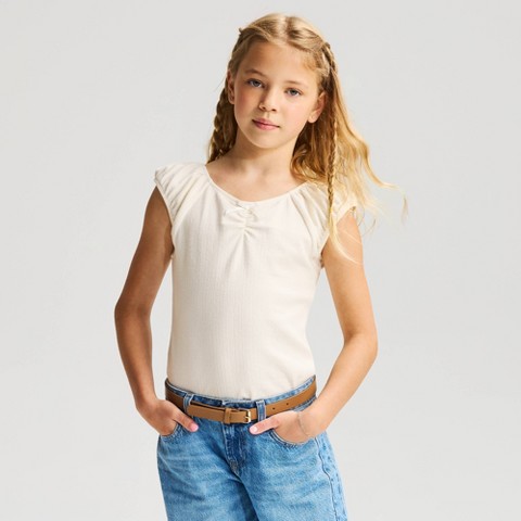 Cat & Jack Girls' Short Sleeve Pointelle Ribbed T-Shirt - Cat & Jack™ Cream S