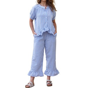 INSPIRE CHIC Women's Plaid Cute Gingham Short Sleeve Babydoll Shirt Pants Pajama Lounge Set - 1 of 4