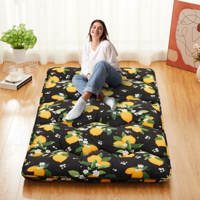Japanese Style Floral Print Futon Mattress, Portable Floor Mattress Roll-Up Tatami Mat with Yellow Lemon Design, Ideal for Sleeping & Travel