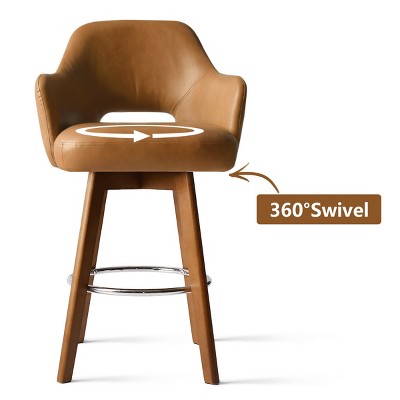 Camel Faux Leather Swivel Bar Stool with Wood Legs