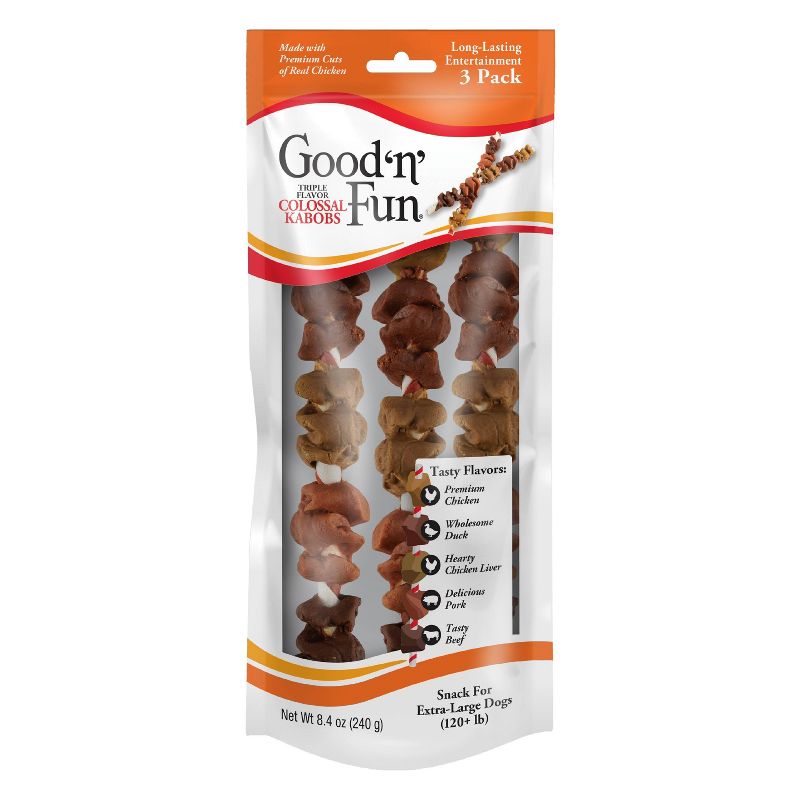 Good &#39;n&#39; Fun Triple Flavor Colossal Kabob Rawhide Dog Treat with Chicken, Duck &#38; Beef Flavor - 8.4oz/ 3ct, 1 of 11