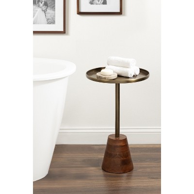 Walnut Brown and Brass Round Side Table with Wood Base