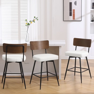 Bekrvio 26" Counter Height Swivel Bar Stools - Upholstered Faux Leather, Wood Backs & Metal Legs, Counter Stools for Kitchen Island
