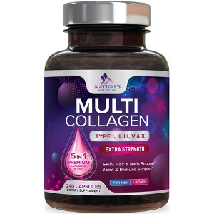 Collagen Peptides for Women & Men - Type I, II, III, V, X Multi Collagen Pills, Hydrolyzed Collagen Peptides Supplements, Nature's - 240 Capsules - 1 of 4