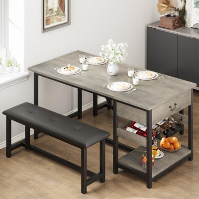 Whizmax Vintage Dining Table Set for 4, Retro Dining Room Table with Benchs£¬3 Piece Kitchen Table Set with Storage for Small Space, Apartment
