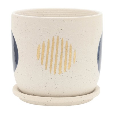 Set of 2 White Ceramic Funky Planter with Saucer 6" Contemporary Design