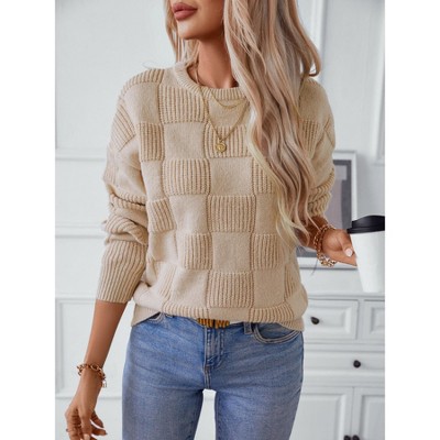 Women Fashion Trendy Long Sleeve Checkered Crewneck Pullover Knit Sweater Tops