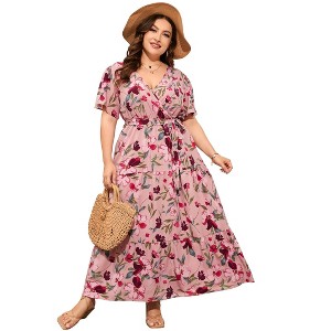 BLUEMING Summer Maxi Dress for Plus Size Women Tie Wasit Surplice Dress Flutter Sleeve A-Line Dress - 1 of 4