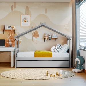Full Size House Bed with Twin Trundle, Wooden Full House Bed with Headboard Roof Bedroom Furniture for Boys Girls Teens (Mattress Not Included) Gray - 1 of 4