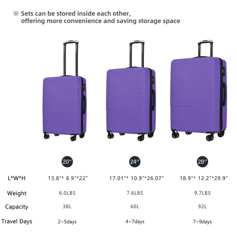 3 PCS Expandable ABS Hard Shell Luggage Set with Spinner Wheels and TSA Lock 20''24''28'' 4M - ModernLuxe, 4 of 11