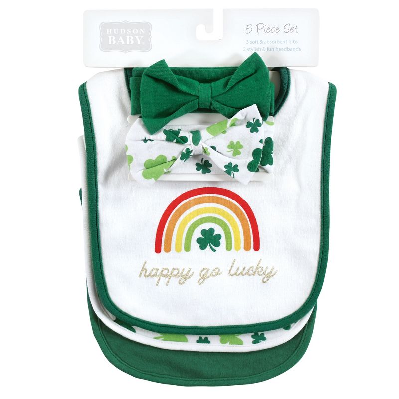 Hudson Baby Infant Girl Cotton Bib and Headband or Caps Set, St Patricks Rainbow, 0-9 Months, 3 of 7