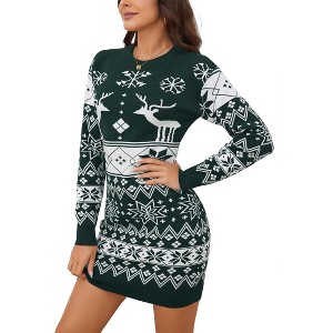 Clearlove Women's Slim Fit Christmas Sweater Dress Long Sleeve Round Neck Elk Floral Print Dress - 1 of 4